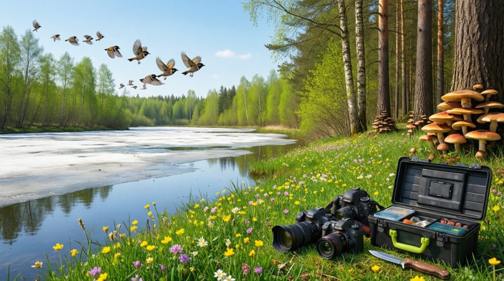 Сезонные события: цветение, миграции птиц, рыбалка, грибной сезон - календарь по месяцам - иллюстрация